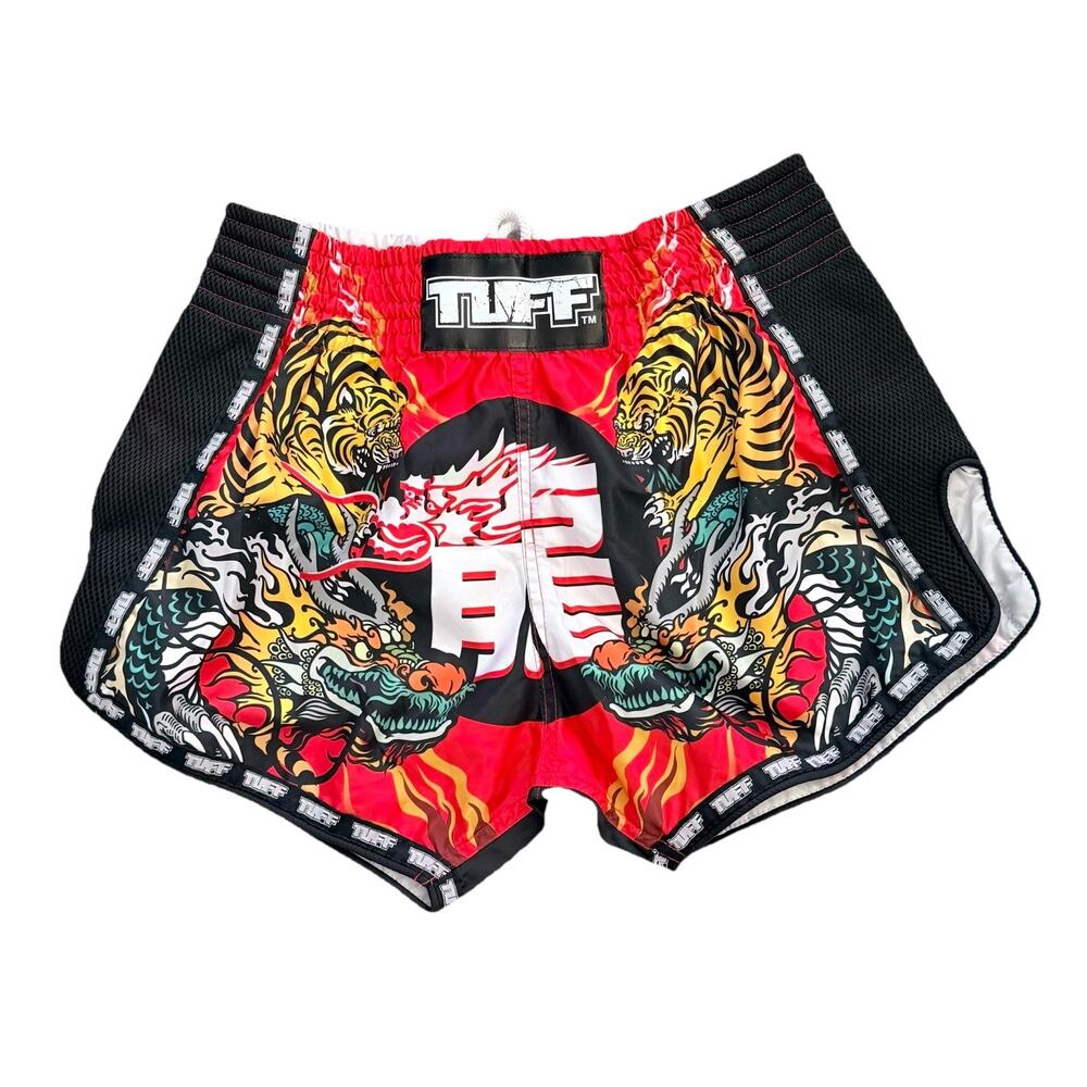 Tuff Muay Thai Mens Boxing Shorts with Tigers Black Gold Design size XXL 30"